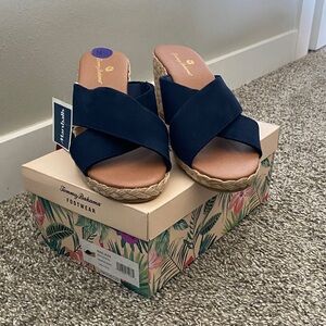 Tommy Bahama Navy Crisscross Espadrille Wedge Mules